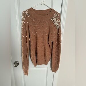 Elegant Pearl Embellished Brown Sweater